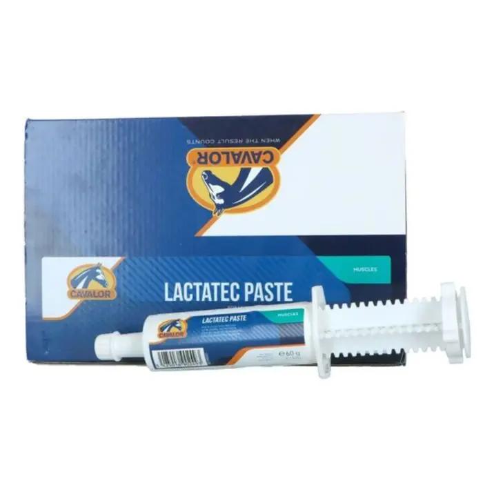 Lactatec Paste by Cavalor with packaging box, a saffron-based dietary supplement for horses to relieve muscle pain and boost recovery.