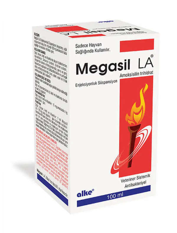 Megasil LA amoxicillin injection 100ml for animals, used to treat respiratory and soft tissue infections in dogs, cats, cattle, and sheep.
