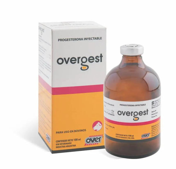 OVERGEST 10% injectable progesterone supplement for cattle, shown with product box and 100 ml amber glass vial. Ideal for regulating estrous cycles.