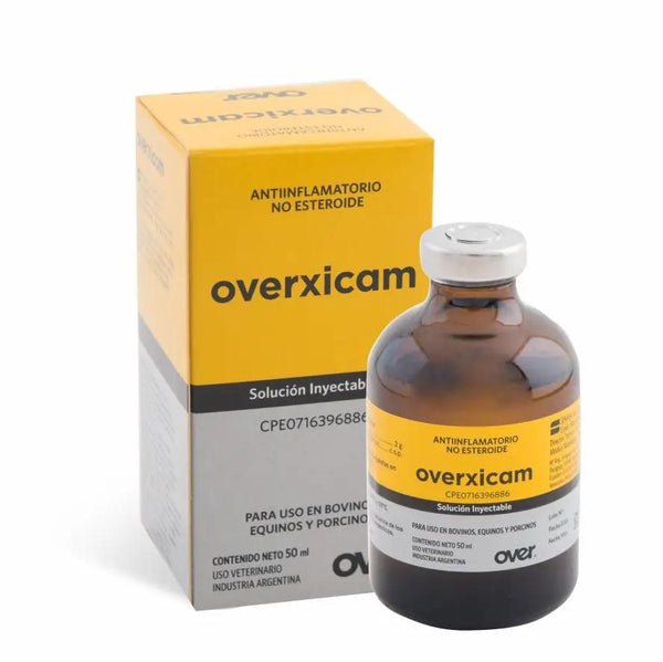 OVERXICAM - Meloxicam 2% Injectable Solution for camels, cattle, and horses, shown with packaging for livestock inflammation and pain relief.