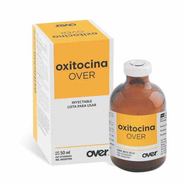 OXITOCINA - Oxytocin Injectable Solution for Animals in 50ml brown glass bottle with labeled box, used for reproductive support in camels, cows, and horses.