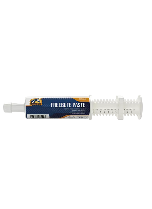 Cavalor Free Bute Paste syringe for horses, supports joint and muscle health for stronger performance and improved movement.