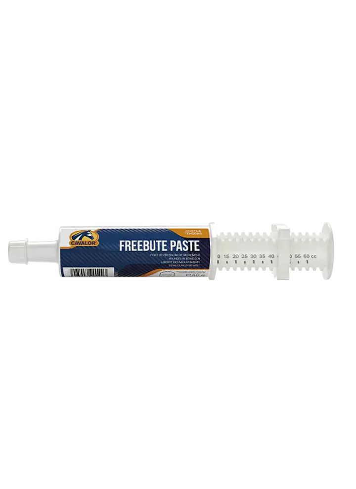 Cavalor Free Bute Paste syringe for horses, supports joint and muscle health for stronger performance and improved movement.