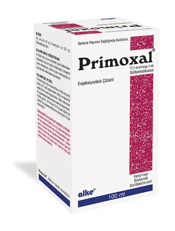 Primoxal - Trimethoprim Sulfamethoxazole antimicrobial pet supplement for treating bacterial infections in cattle, horses, dogs, and more. 100ml veterinary injectable solution.