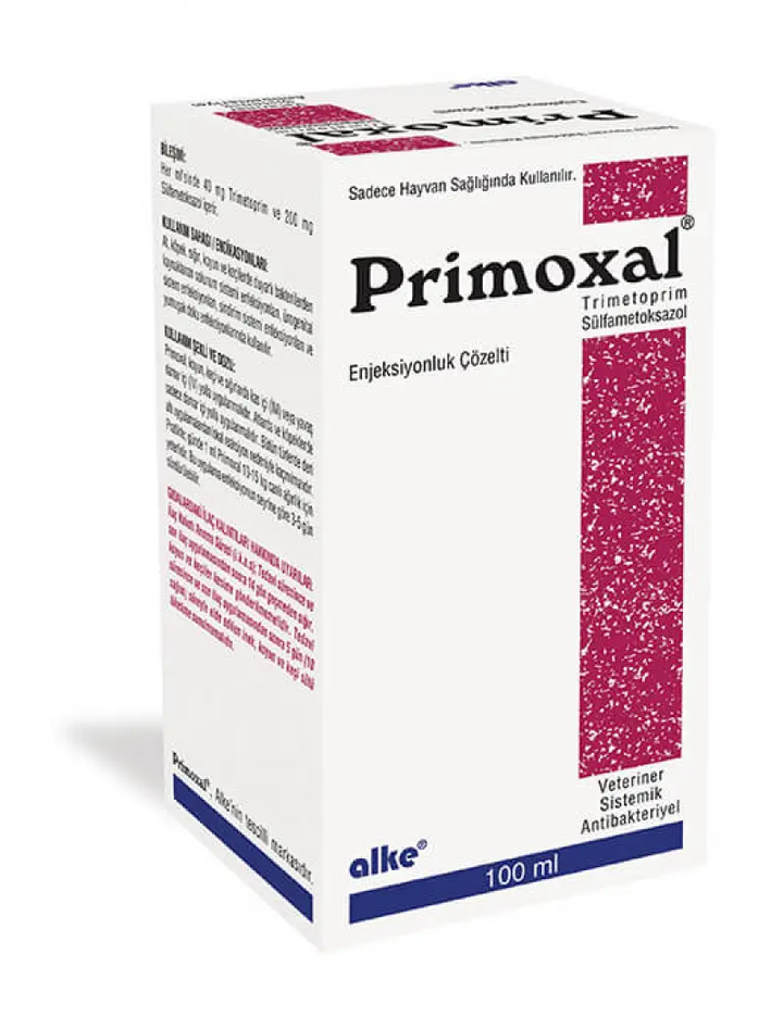 Primoxal - Trimethoprim Sulfamethoxazole antimicrobial pet supplement for treating bacterial infections in cattle, horses, dogs, and more. 100ml veterinary injectable solution.