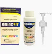 AMINOVIT vitamin mineral supplement for camels with essential nutrients, shown with bottle, box packaging, and dispensing pump for easy use.