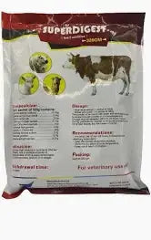 SUPER DIGEST - Digestive Health Supplements for camels, horses, and sheep shown in a veterinary-use packaging with dosage and composition details.