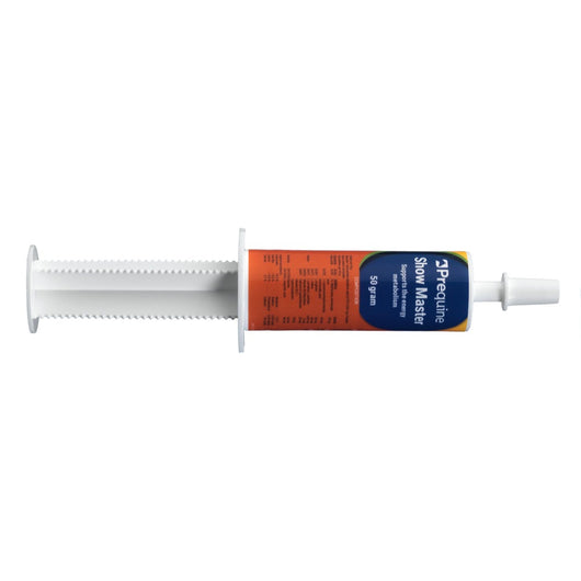 Side view of Prequine Show Master equine energy booster in 50g syringe, ideal for enhancing horse performance, GMP+ FSA approved.