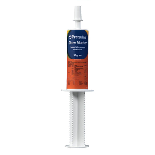 Prequine Show Master 50g syringe supplement for horses, supports energy metabolism, GMP+ FSA certified performance enhancer.