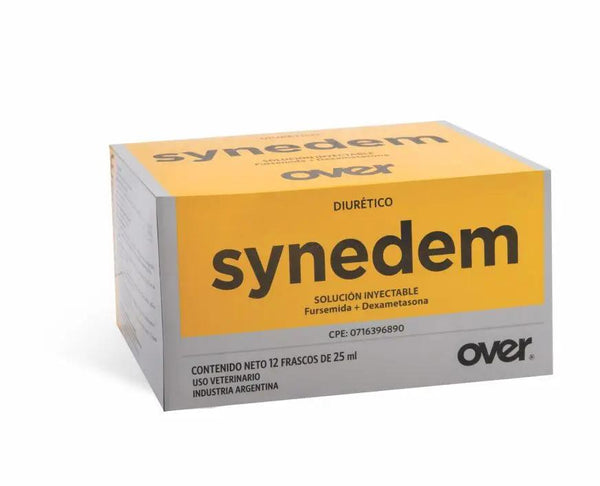 SYNEDEM veterinary diuretic anti-inflammatory solution box with 12 injectable 25ml vials for treating edema in camels, horses, and cattle.