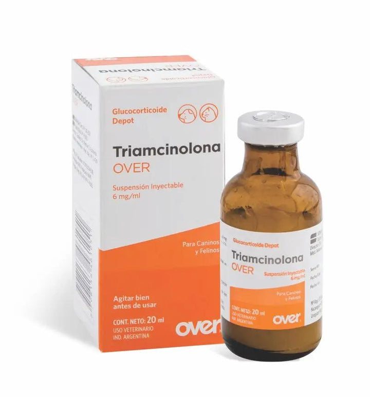 TRIAMCINOLONE OVER corticosteroid injection for pets, 20ml bottle and box for treating inflammation and allergies in dogs and cats.