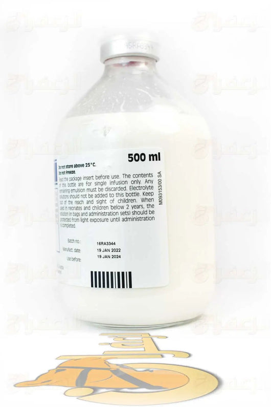 SMOFLIPID 20% 500ml emulsion bottle with expiration and batch info, used in animal supplements for energy and omega-3 support.