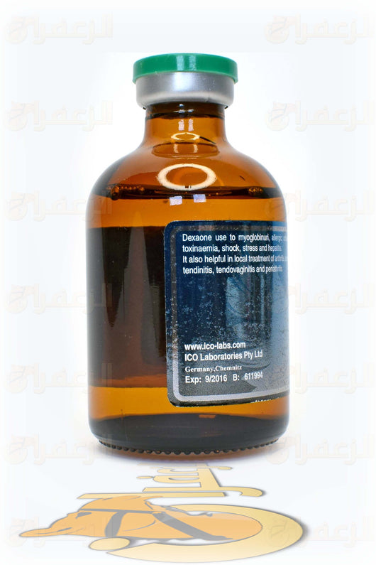 DEXAONE injection label detailing uses for treating myoglobinuria, allergies, and inflammation in camels and horses.