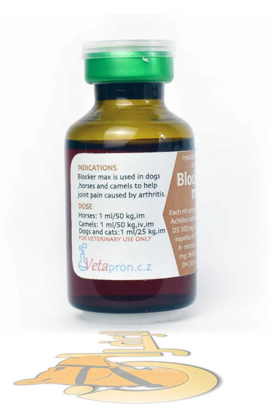 BLOCKER MAX veterinary medicine for dogs, horses, and camels, dosage instructions visible on brown glass bottle with green cap.