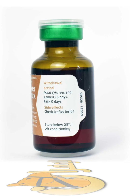 BLOCKER MAX anti-inflammatory for horses and camels, showing withdrawal period and storage instructions on product label.