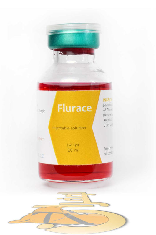 FLURACE injectable solution for animals, 20ml vial with saffron-based formula for horses and camels. Used as a veterinary supplement and pain reliever.