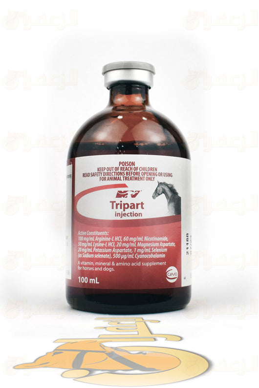 TRIPART injection 100mL bottle for animal use, ideal for camels, horses, and dogs to combat muscle fatigue and enhance performance.