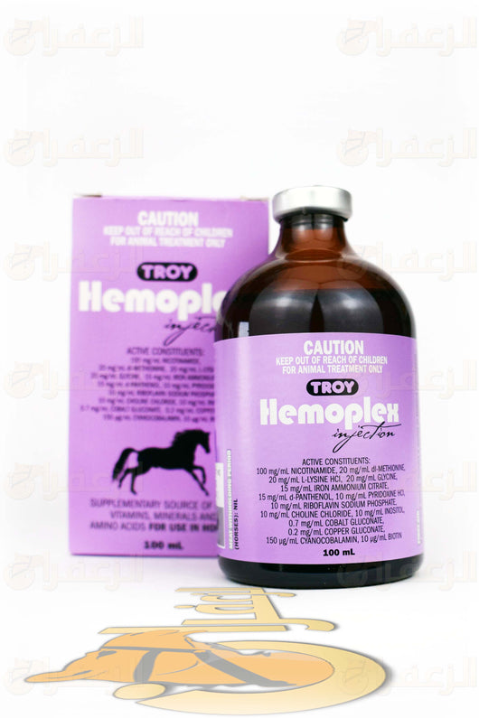 HEMOPLEX | هيموبلاكس injection for animal use, 100ml bottle and packaging featuring horse icon, supports muscle and nerve health in livestock.